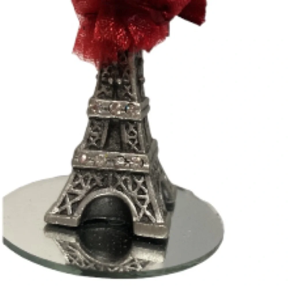 EIFFEL TOWER Wine Glass Candle Holder with Candle and Red Ribbon 4.5 inches